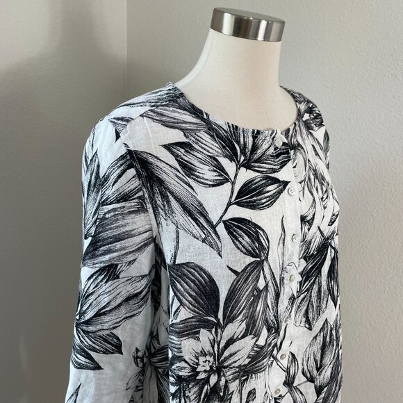 C&C California Womens Plus 1X 100% Linen Black White Floral Button Up Tunic Top - Picture 2 of 12